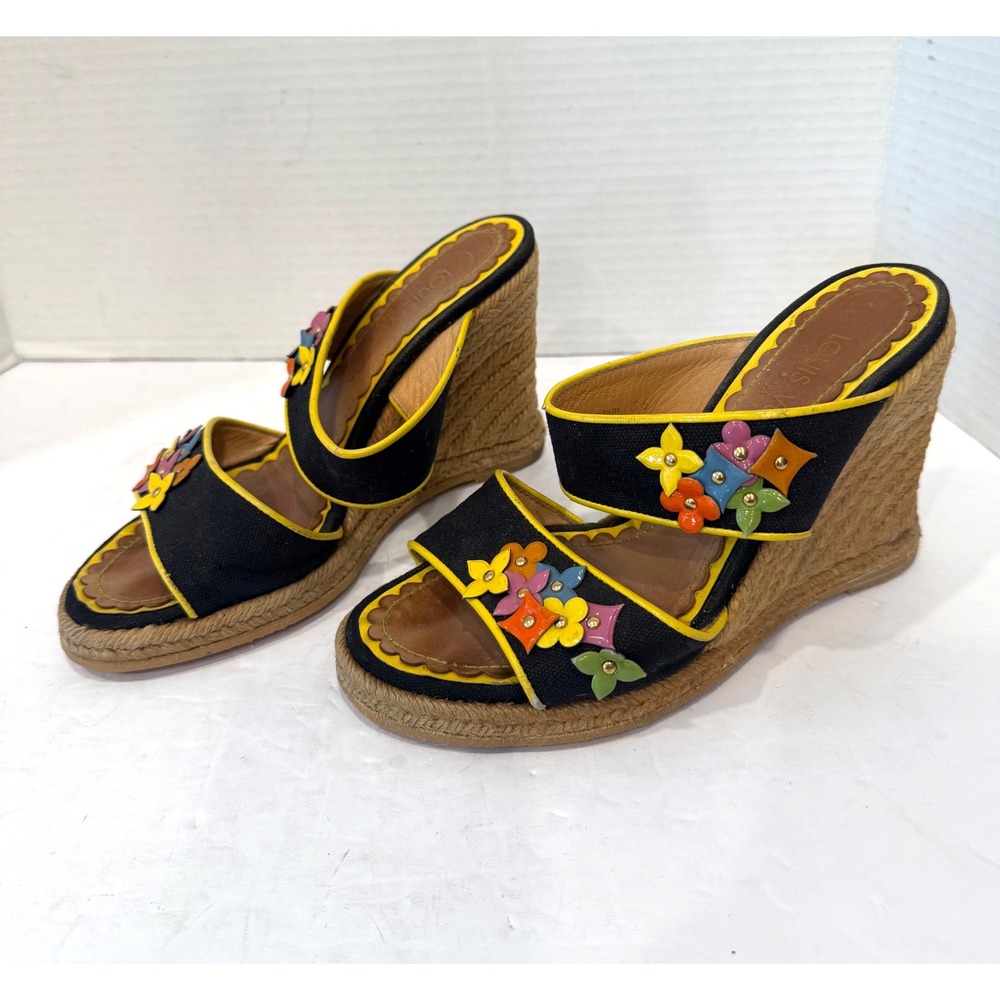 Louis Vuitton Black Yellow Floral Espadrilles Wedge Sandals Sz 6